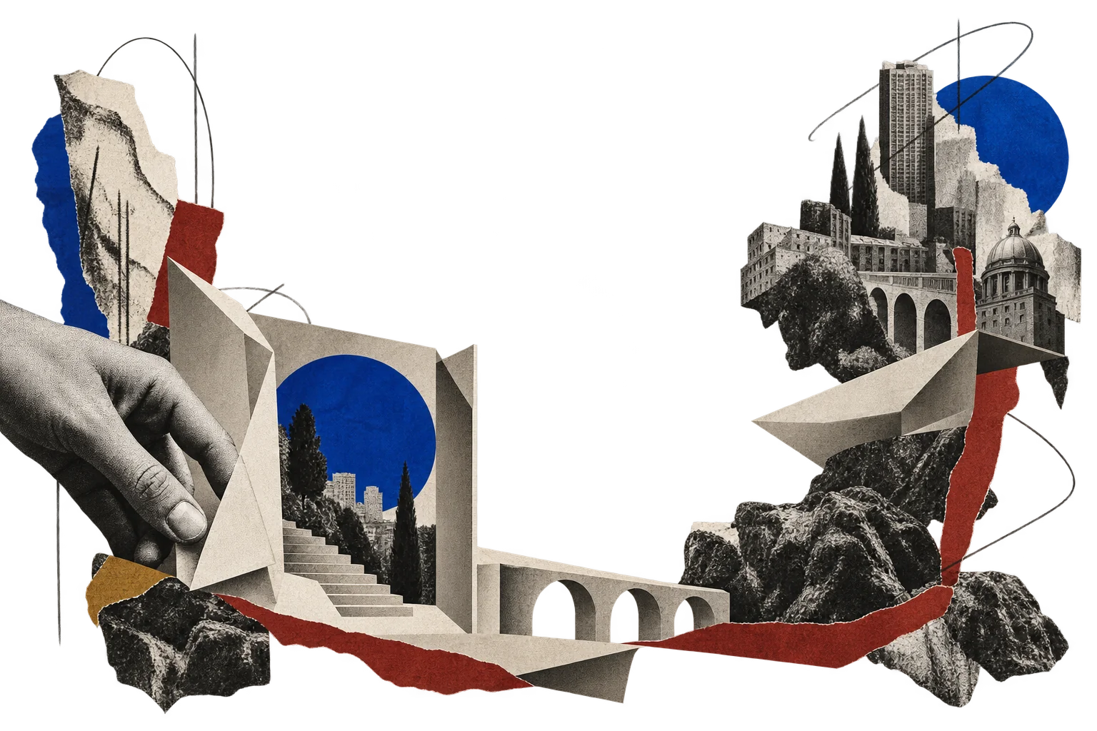 A paper-craft world: architecture, a cobalt opening, city fragments and a hand arranging an idea
