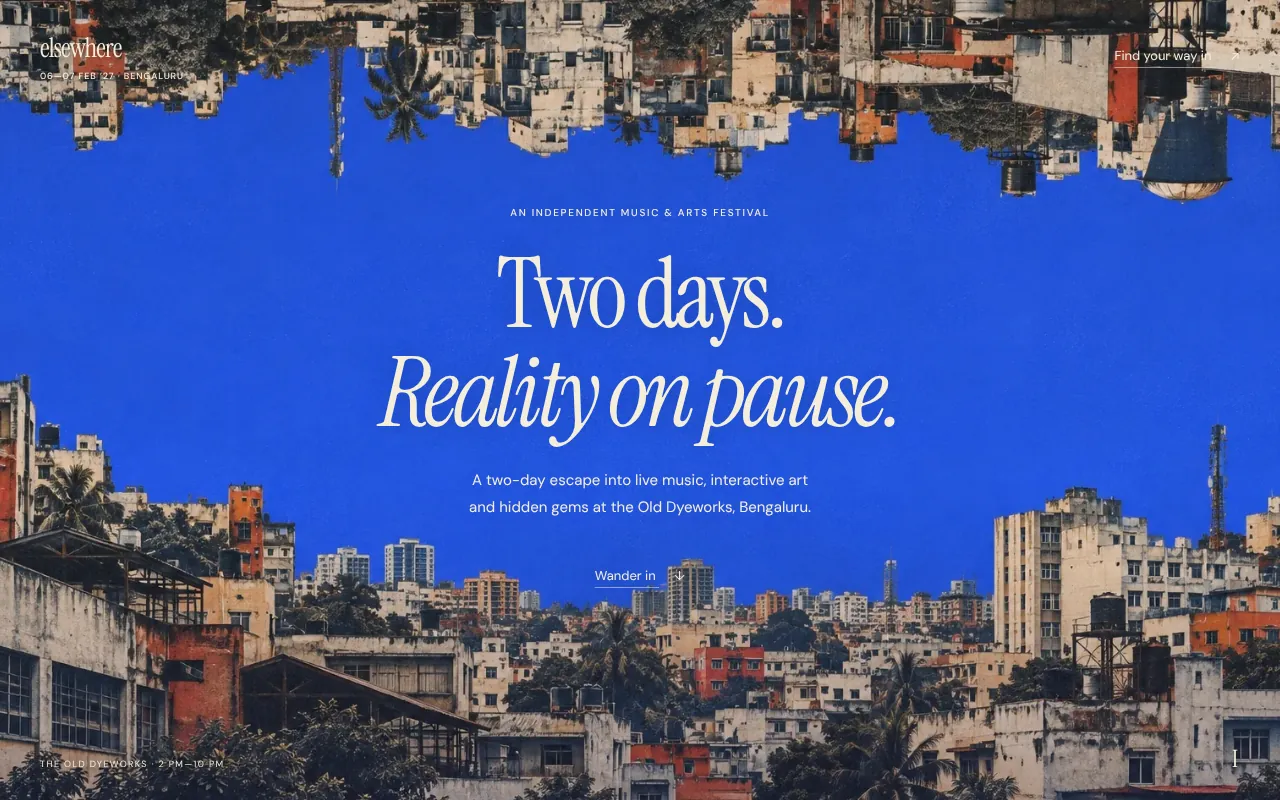 Elsewhere’s website opening: a cobalt page reading Two days. Reality on pause.