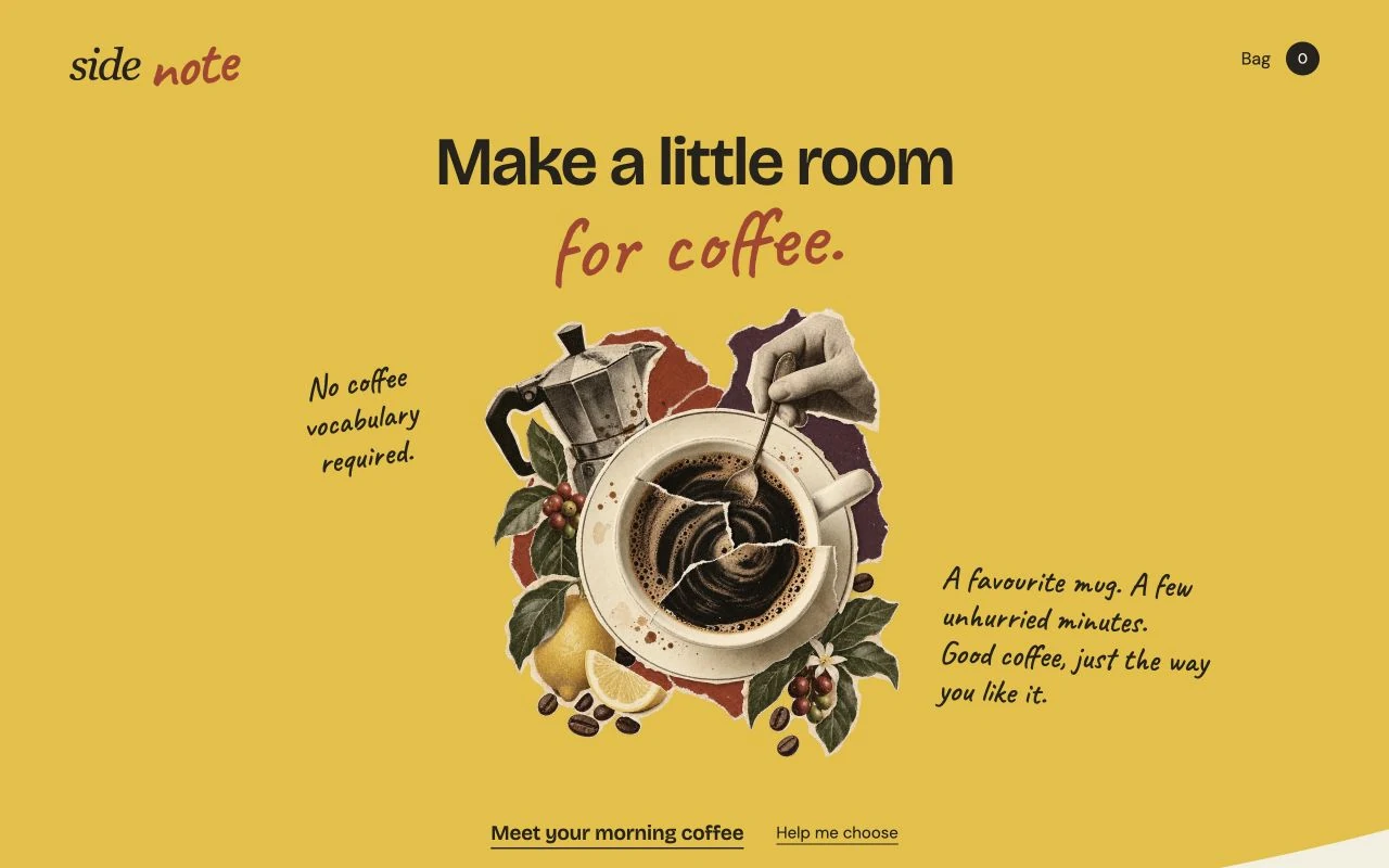 Side Note’s website opening: a yellow page reading Make a little room for coffee