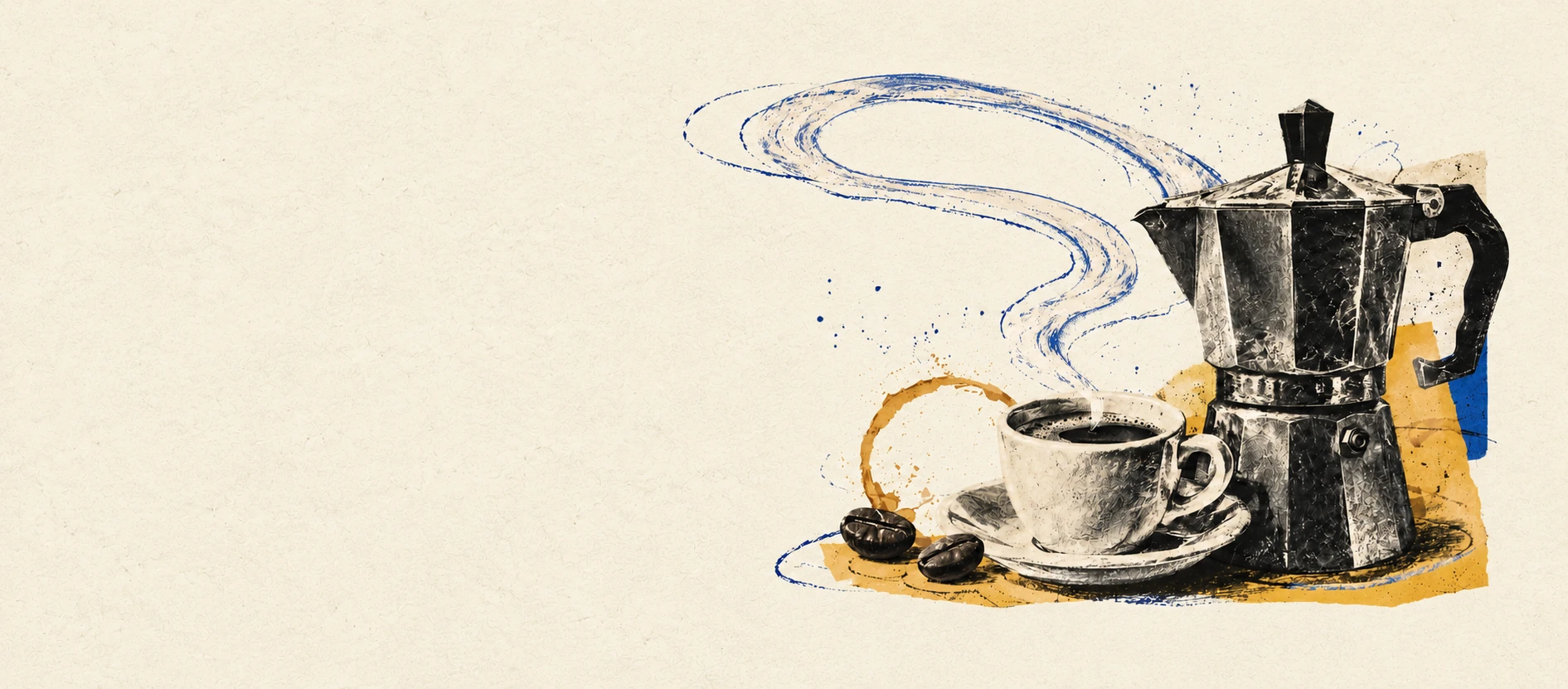 A printed coffee still life with a moka pot, cup and a small blue curl of steam