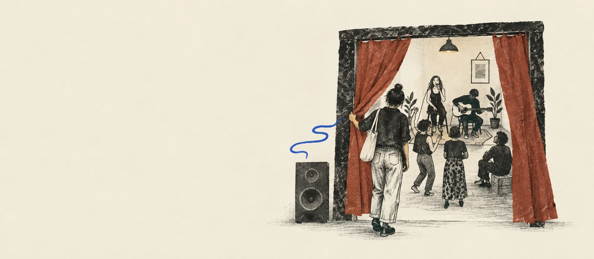 An arriving visitor finds musicians and a small dancing gathering behind parted rust-red curtains