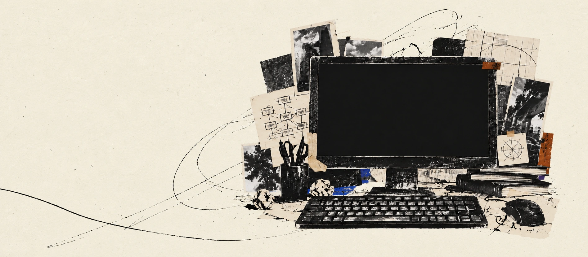 An ink and paper collage of a monitor, printed photographs and engineering tools