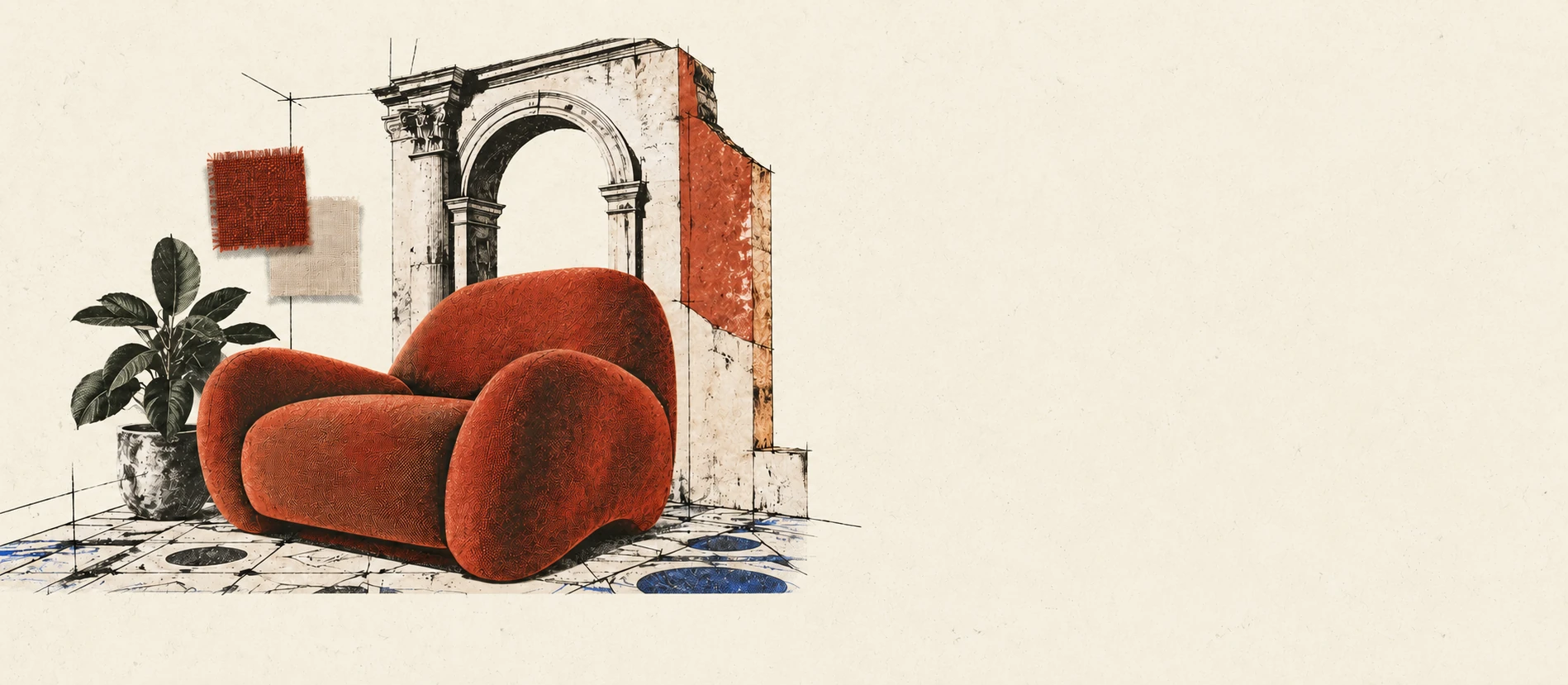 A sculptural chair, an old arch, a plant and fabric studies gathered on warm paper