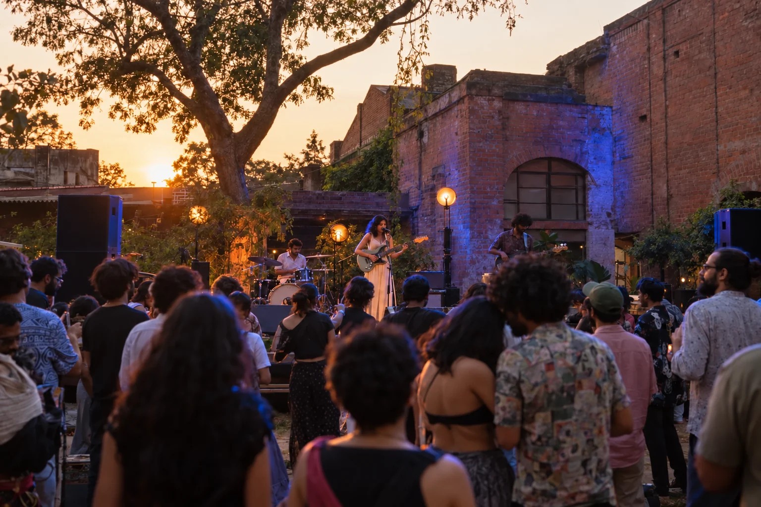 Imagined festival scene: an indie band plays in a brick mill courtyard at sunset, with warm bulbs and subtle blue stage light on the brickwork and nearby crowd.