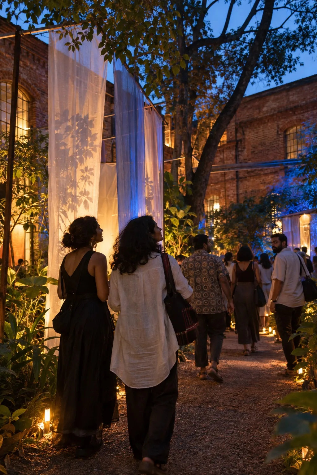 Imagined festival scene: friends discover softly lit fabric installations along a garden path at blue hour.