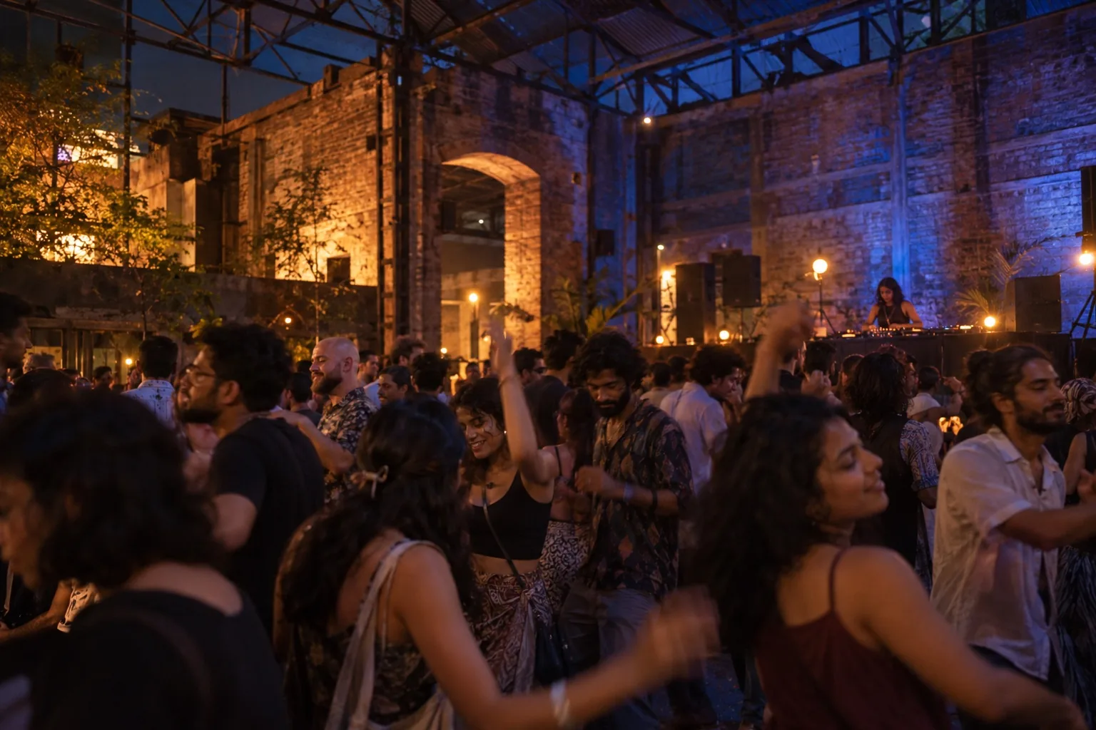 Imagined festival scene: people dance to an electronic set inside the old dye shed, under cobalt and amber lights.