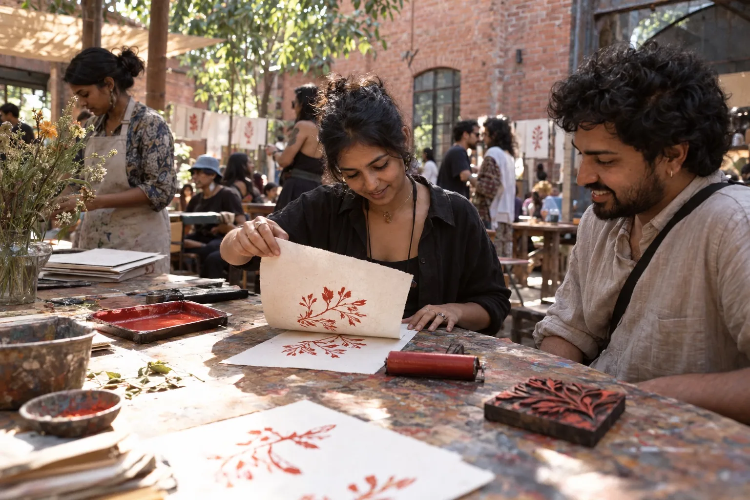 Imagined festival scene: participants make a botanical block print at a shared, ink-marked workshop table.