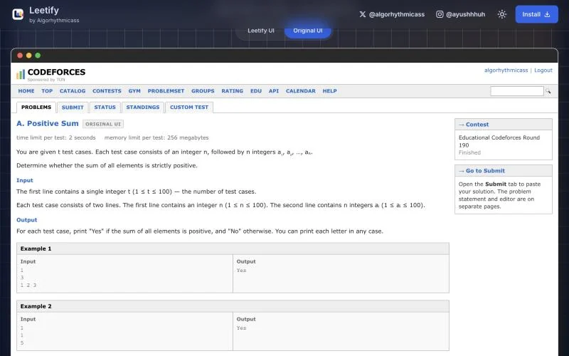 The native Codeforces problem page: the statement alone, with a note that the submit form is on a separate tab