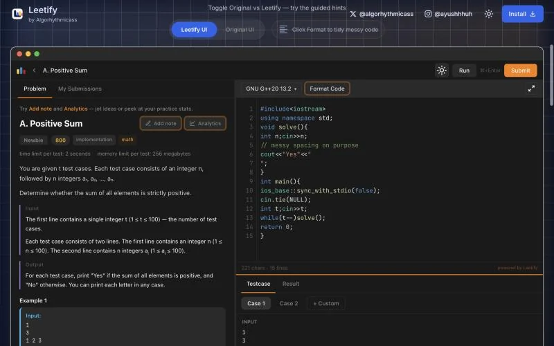 A Codeforces problem inside Leetify: statement on the left, code editor on the right, tests below