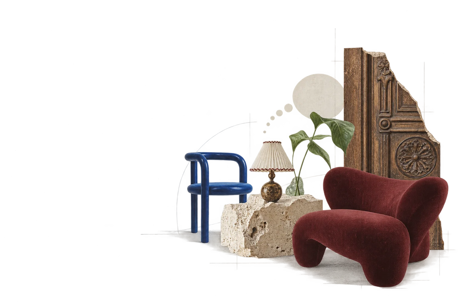 An original collage of collected furniture, a carved door fragment and architectural materials