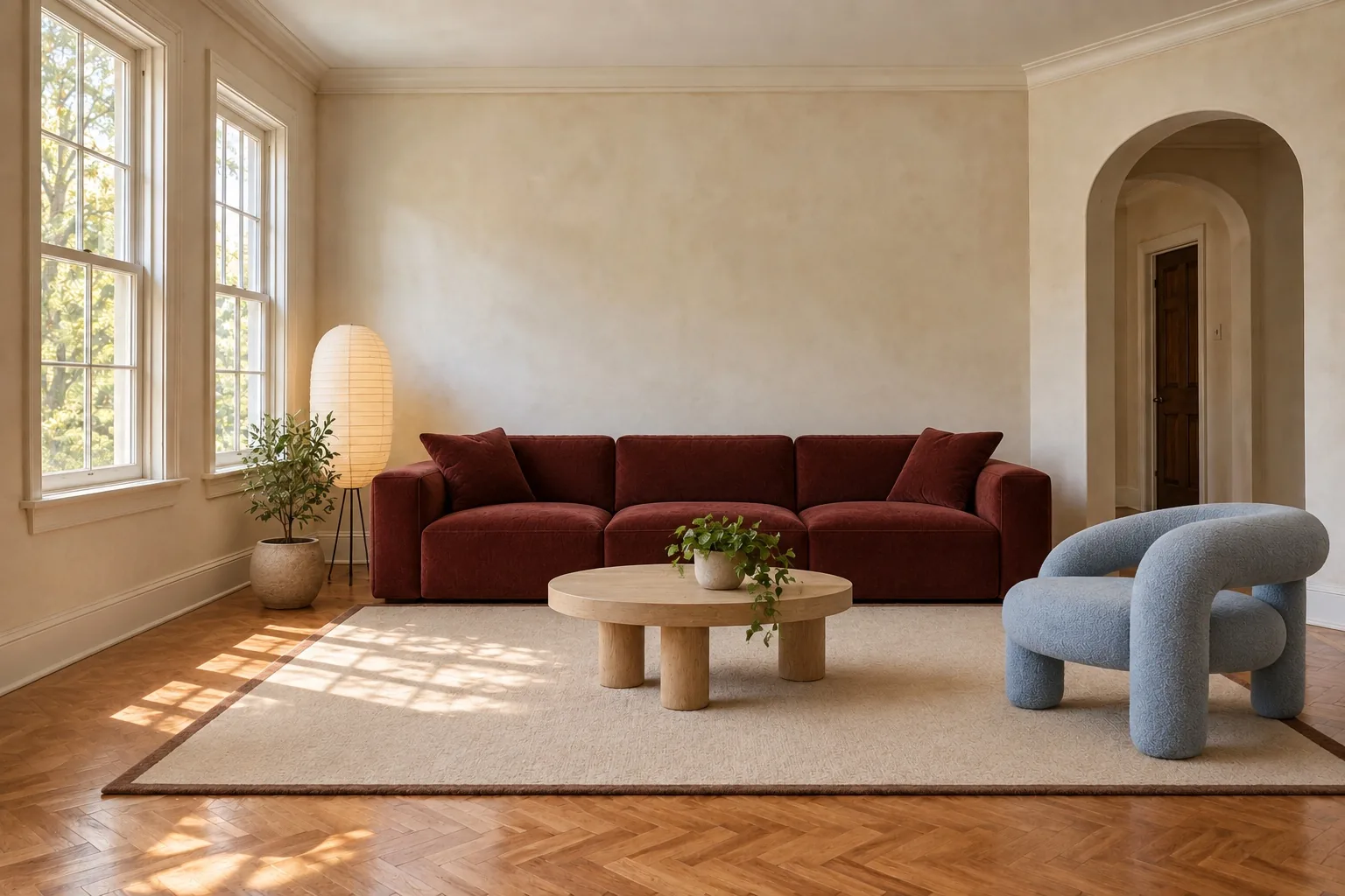 The same room with an oxblood sofa, a blue reading chair and a smaller round table