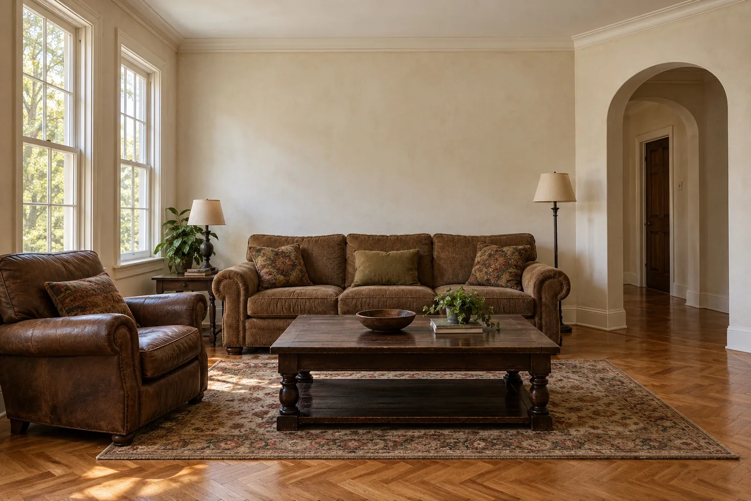 Original room with a bulky brown sofa, heavy armchair and oversized coffee table