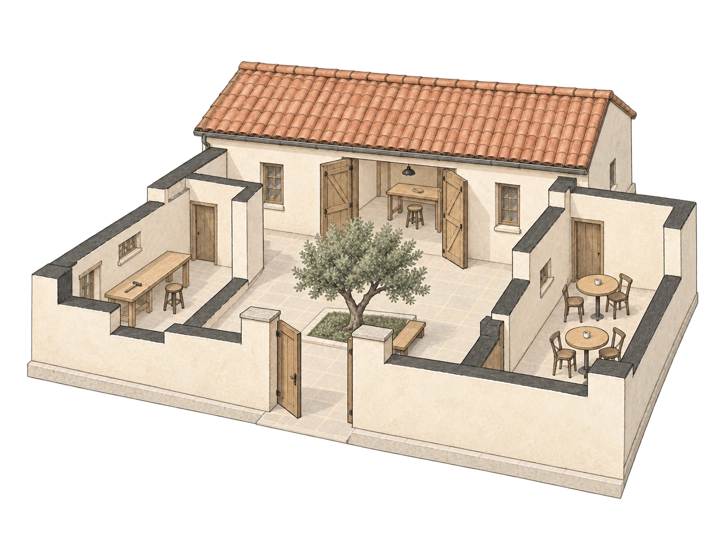 A connected old courtyard workshop cutaway, with its rear roof in place, a central tree, cafe tables and a making bench