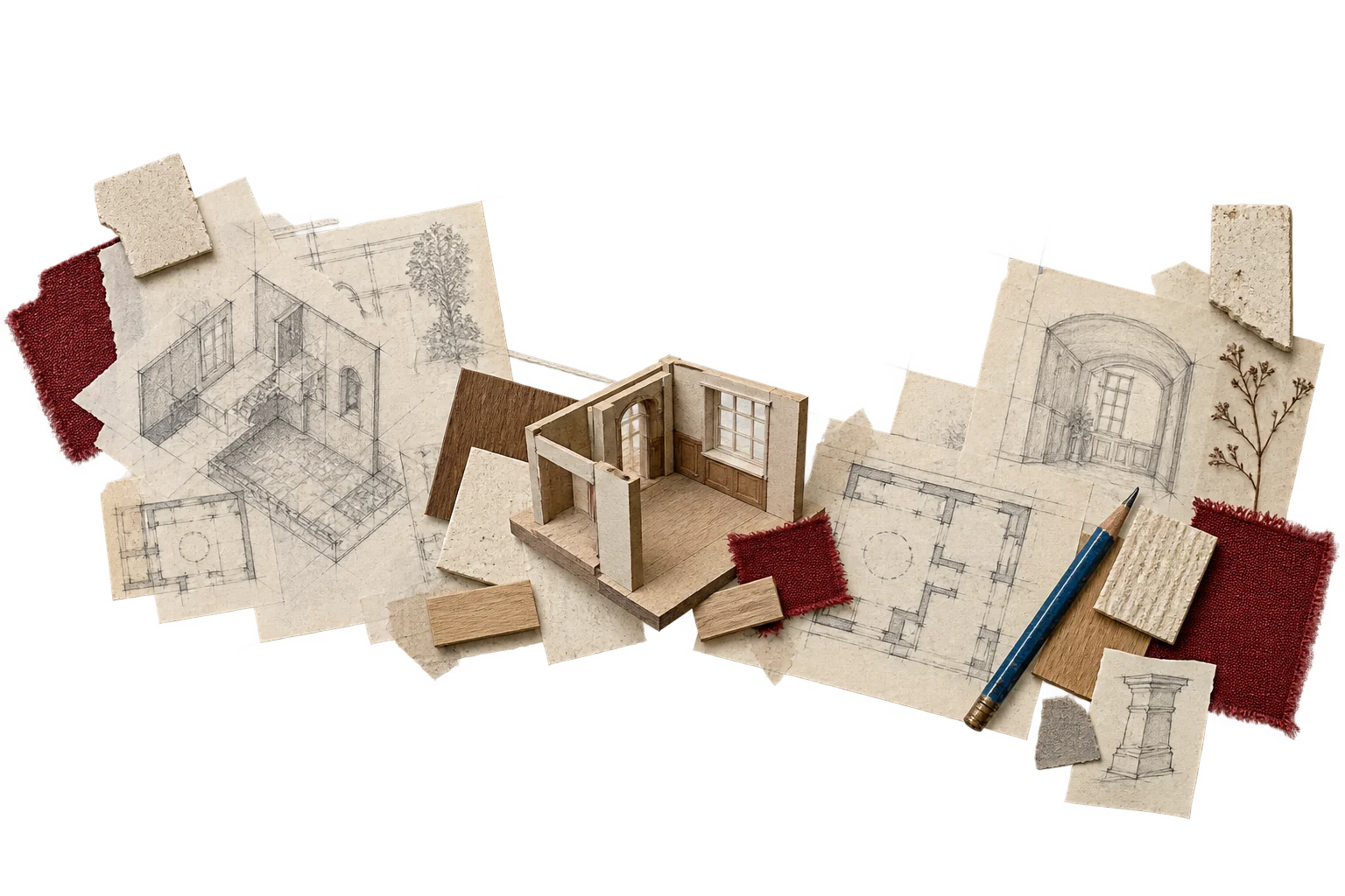 Tracing-paper sketches, a small architectural model and timber, stone and fabric samples gathered on a studio table