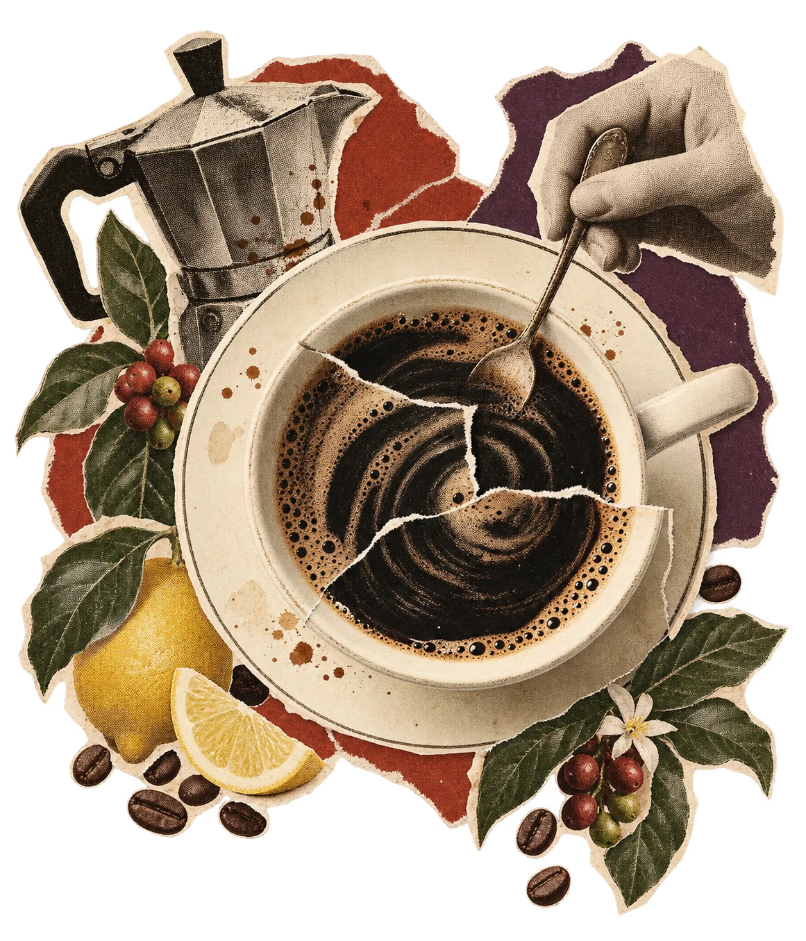 An original cut-paper coffee collage: a cup, coffee pot, spoon and botanical fragments.