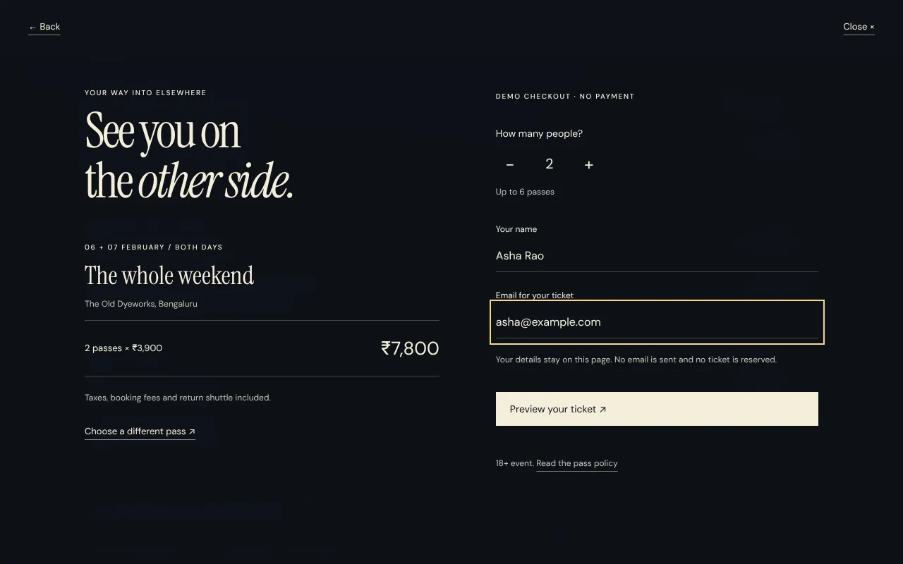 The checkout panel with the weekend pass, two guests and a live total of ₹7,800