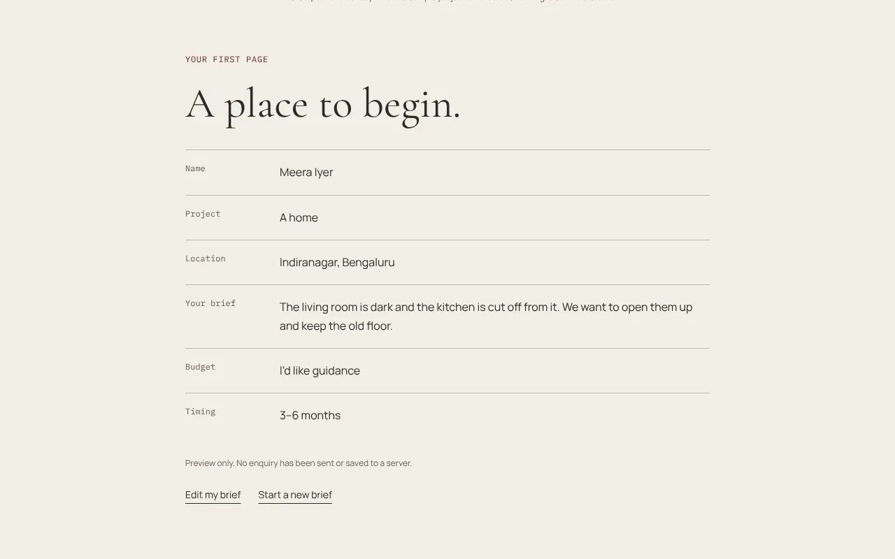 The brief preview: name, project type, location, the request, a guidance budget option and a timing range