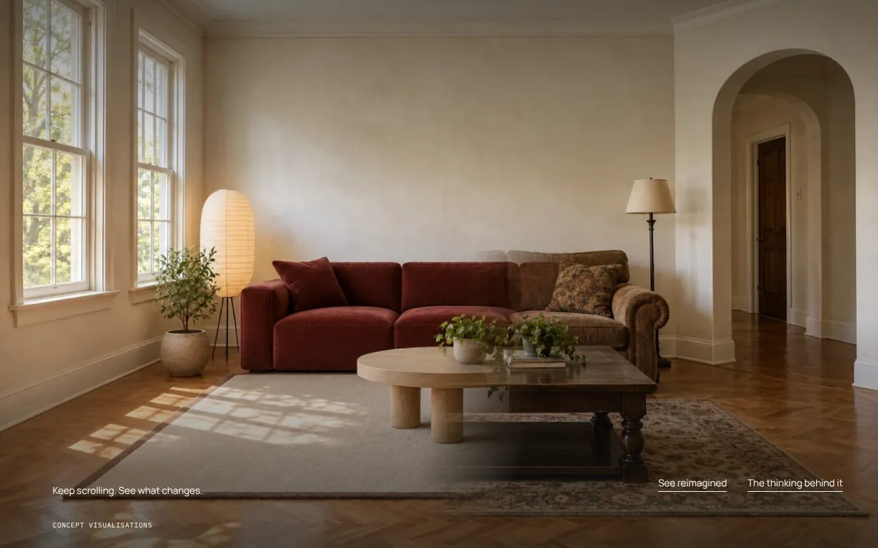 The room midway through its transformation: new sofa and lamp on the left, the original furniture still on the right