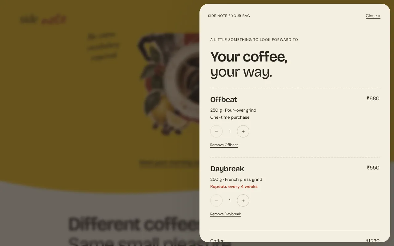 The bag with one one-off coffee and one repeating every four weeks