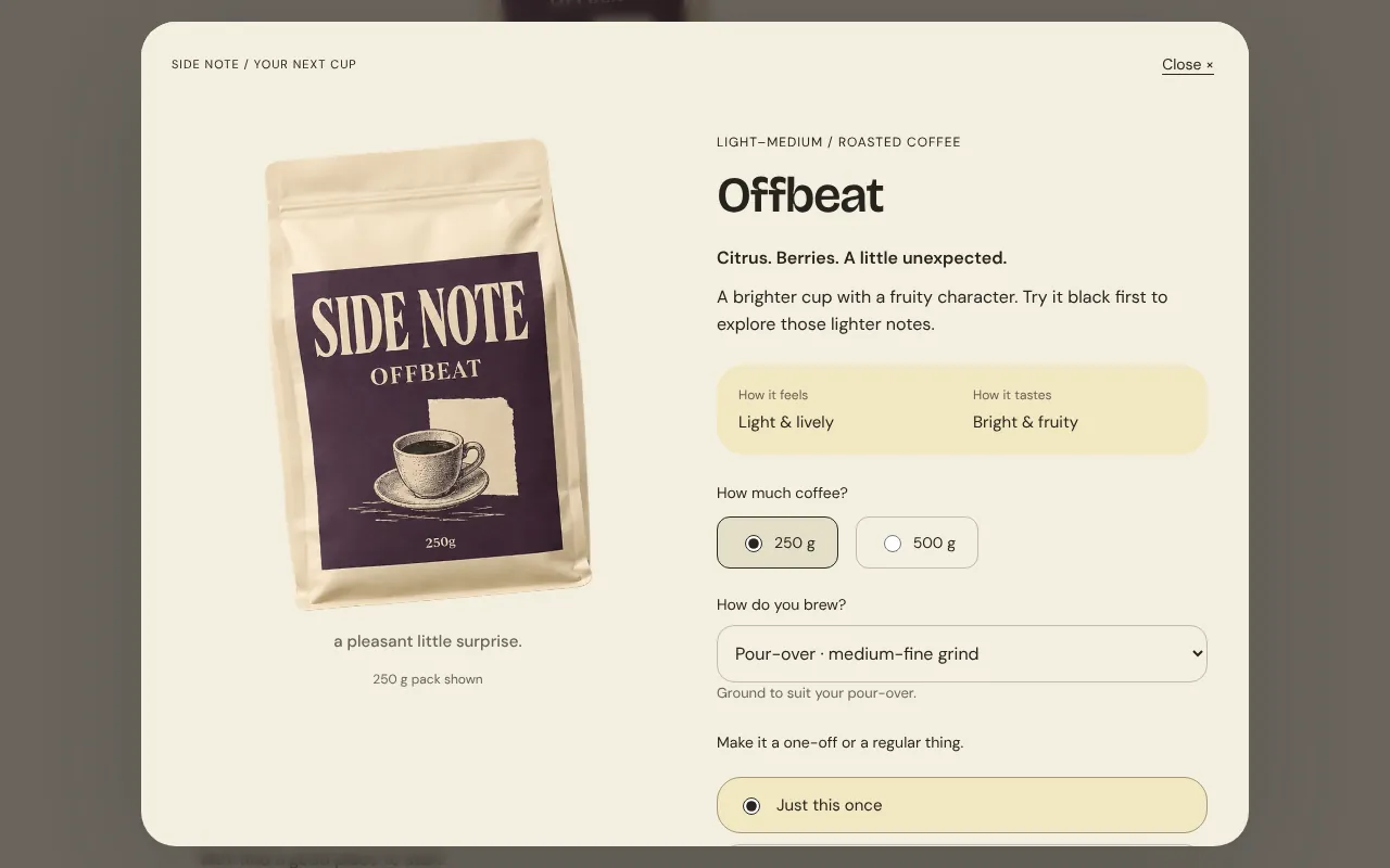 The Offbeat product panel with size, grind by brewer and the one-off or repeat choice
